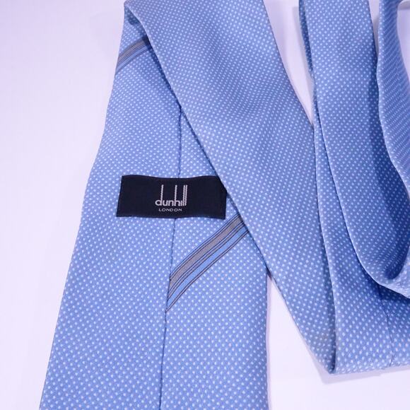DUNHILL Men's Blue White Gold Signature Logo Polka Dot Silk Neck Tie Retail 390 - Picture 5 of 9